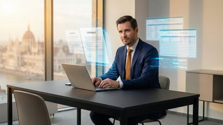 Hogyan készítettem fel magam egy PhD-interjúra 15 perc alatt — AI-val 9 AI interjú-előkészítés 15 perc alatt - üzletember laptoppal, digitális dokumentumok lebegnek körülötte