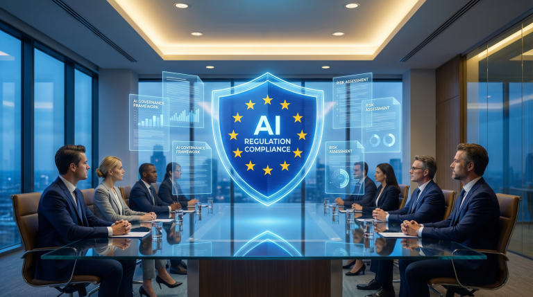 EU AI Act: mit kell tudnia egy magyar cégvezetőnek — 4 hónap van hátra 7 EU AI Act compliance 2026 - European regulation holographic shield visualization for SME governance