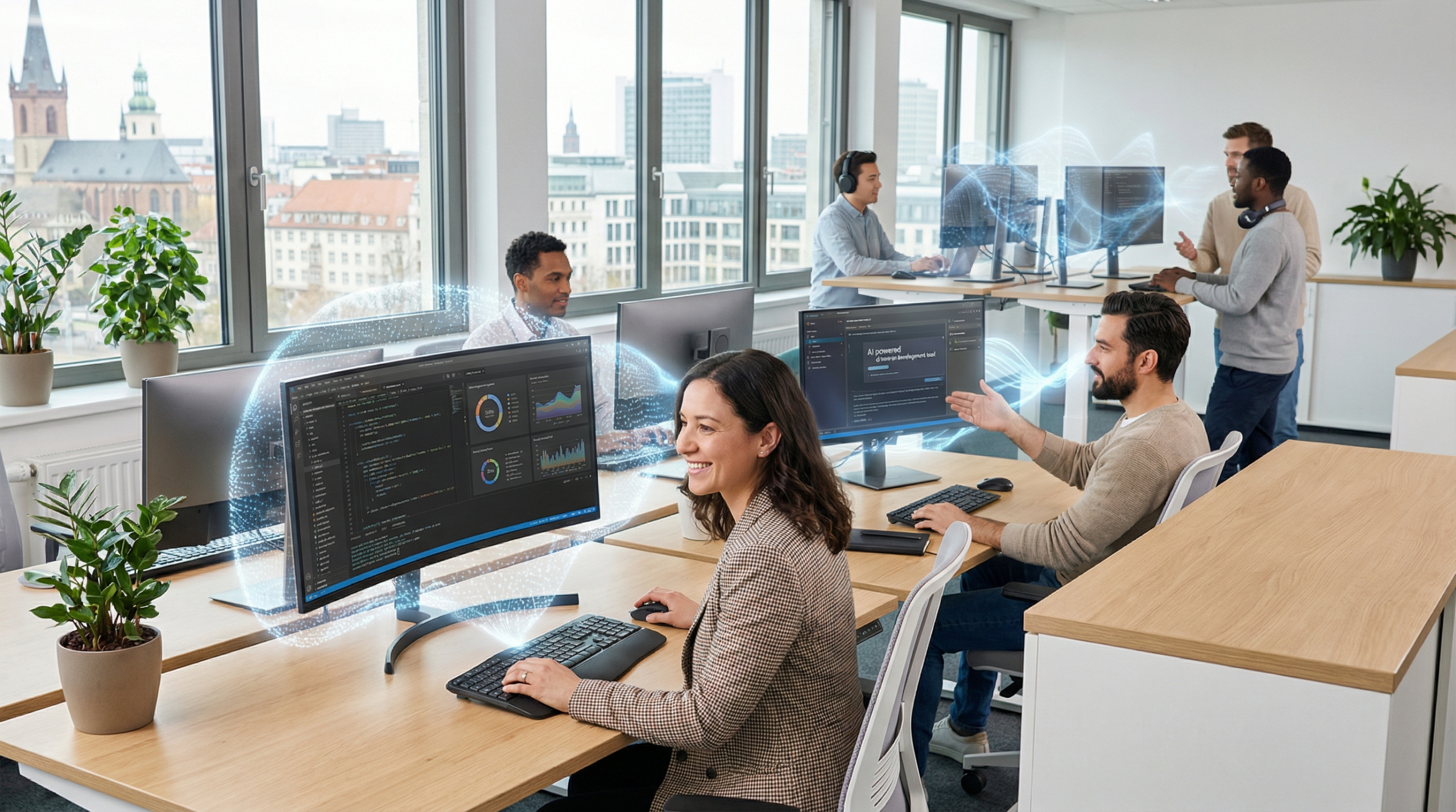 IT professionals working with AI-augmented development tools in a modern European tech office