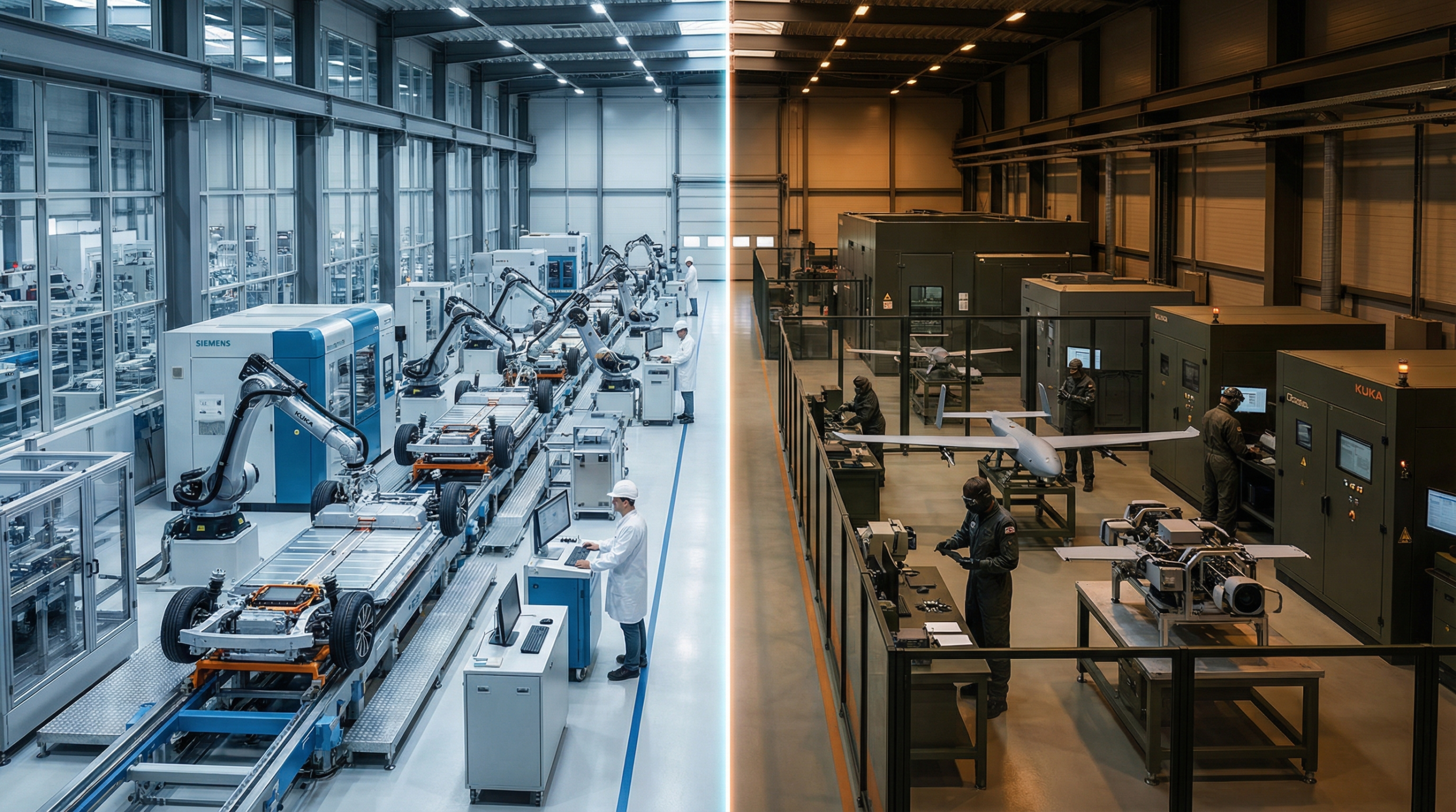Ha ráfordulna a német autóipar a hadiiparra, akkor sem hozná be a lemaradást — de ez a rossz kérdés 1 German automotive factory vs defense manufacturing - split composition showing industrial convergence